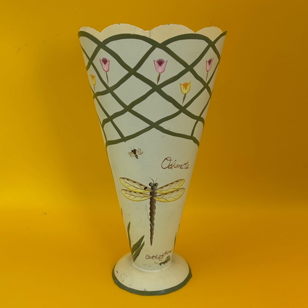 Decorative Floral Tin Vase with Dragonfly, bees & butterfly Design